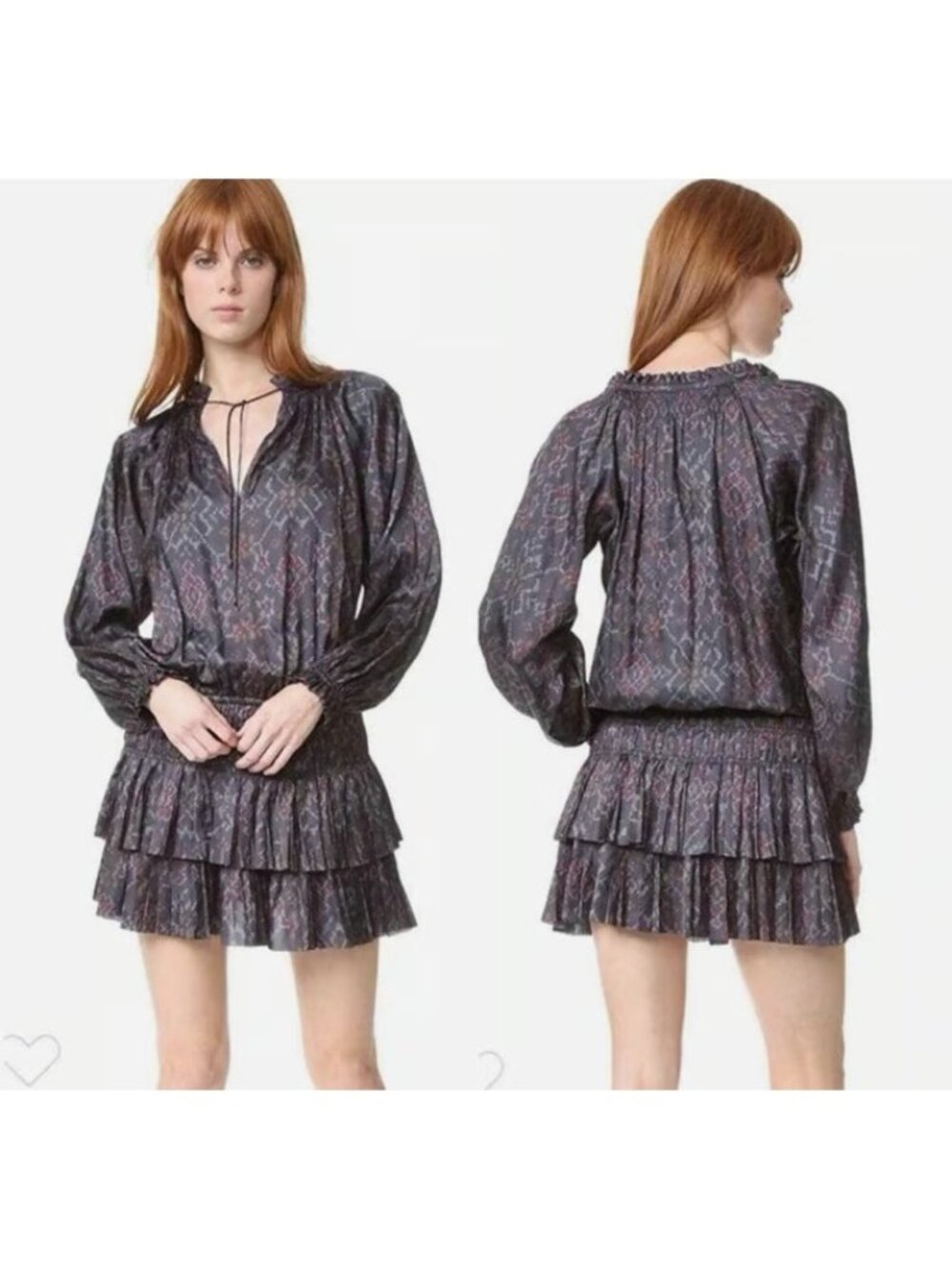 Ulla Johnson Piera Charcoal Multicolor Drop Waist Bishop Sleeve Dress, Size 0